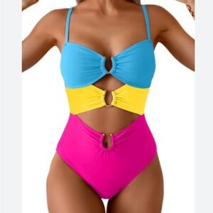 NWT Eomenie Womens Bright Colored Cutout One Piece Swimsuit with Rings / Large
